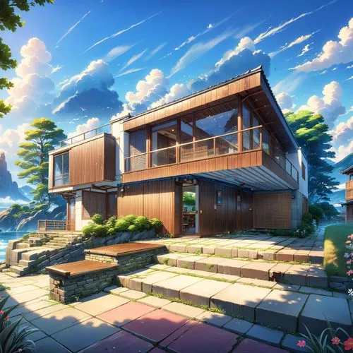 Japanese Anime, Makoto Shinkai Style,dreamhouse,modern house,house by the water,butka,summer cottage,beautiful home,roof landscape,wooden house,holiday villa,dunes house,home landscape,electrohome,lux