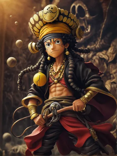 Imagine a dark and mysterious world where God Usopp battles sinister creatures to protect the innocent.,calm usopp,hanuman,sea god,ramayan,pharaoh,sun god,pirate,aztec,pirate treasure,nine-tailed,naru
