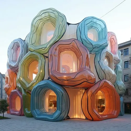 A plastic building structure that blends contemporary art and design, using materials such as Plasticiet and recycled plastic bottles to produce a distinctive and expressive façade. Sculptural and org