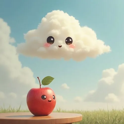 fluffy the cute cloud with bright eyes floating in sky and a cute apple with smiling face  placed on small table looking at fluffy ,an apple is standing on a table next to a cloud,cloudmont,cloud mush