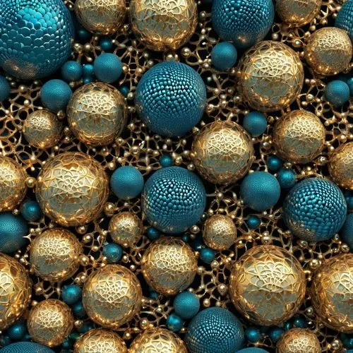 Intricate matrix ornaments 🌊✨, 8K 📺, HD 🌟, high render 🎨.,a background of christmas ornaments with gold and blue hues,blue spheres,christmas balls background,spherules,ufdots,spheres,buckyballs,se