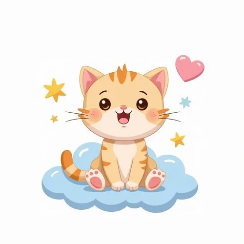 A kawaii-style illustration of a happy kitten with exaggerated cuteness. The kitten has soft pastel colors, with a primary palette of pink, yellow, and baby blue. The kitten is sitting on a cloud. The