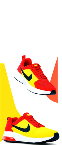 Red and yellow Nike shoes, low-top sneakers, vibrant red and bright yellow colorblock, white laces, black soles, rubber outsole, mesh upper material, sporty design, dynamic shape, 3/4 composition, dra