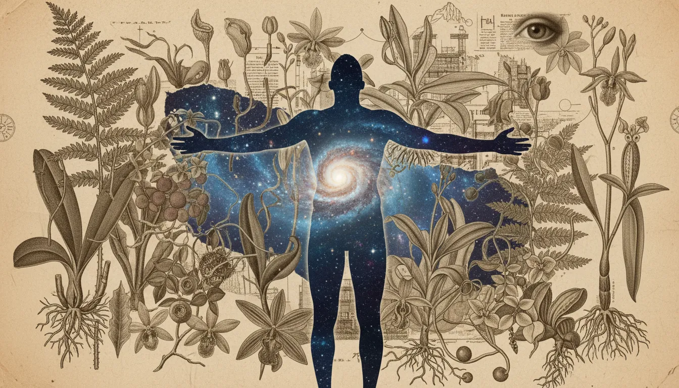 PromeAI से बनाया गया एक सर्रियलिस्ट कोलाज आर्ट पीस, जिसमें एक मानव सिल्हूट को ब्रह्मांडीय आकाशगंगा से भरा हुआ दिखाया गया है, जो एक विंटेज वनस्पति चित्रण पर स्तरित है।