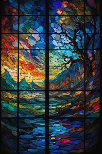 Distorted reality, surreal atmosphere, eerie ambiance, stained glass window, vibrant colors, fragmented reflection, psychedelic pattern, dreamlike state, abstract composition, 3/4 view, low-key lighti