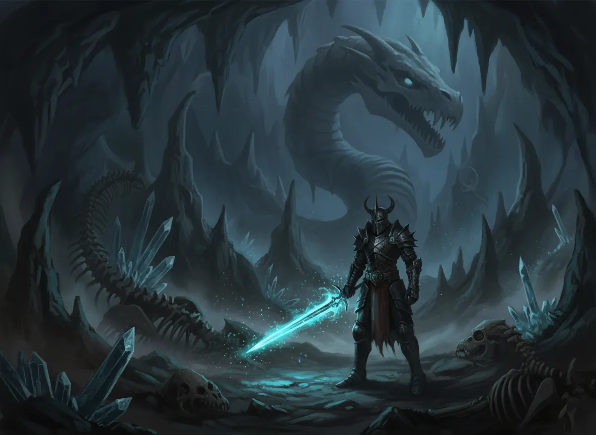 Un'illustrazione dall'estetica dark fantasy che mostra un guerriero solitario illuminato dall'unica fonte di luce magica della sua spada luminosa in una grotta buia.