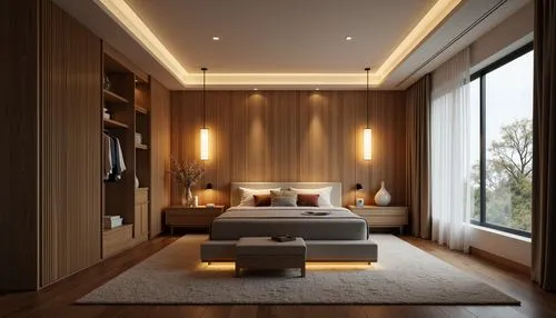 Modern bedroom, minimalist decor, soft warm lighting, LED strip lights, floor lamps, table lamps, pendant lights, dimmable fixtures, cozy ambiance, plush carpet, wooden flooring, comfortable bedding, 
