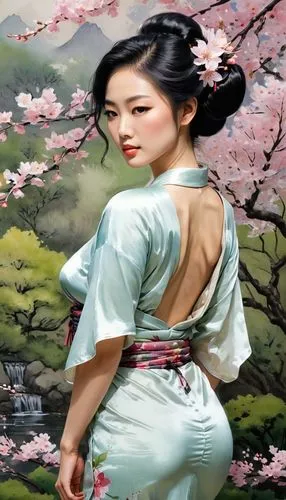 A celebration of the Beauty of the Female Body

Style: Elegant watercolor painting.

Physical Features: An exquisite Japanese woman with porcelain skin, delicate features, and silky black hair tied in