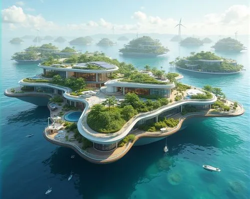 A visionary floating city on water, designed to rise with changing sea levels. The buildings are built on sleek buoyant platforms, made of sustainable materials. Solar panels and wind turbines line th