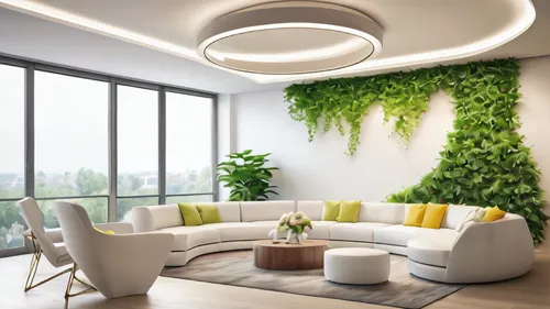 commercial office  reception with a ceiling light, sectional sofas, vase, decorative photography, light
 background wall, background light, green plant, Karim Rashid style,green living,modern decor,in