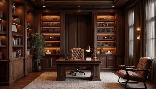 A luxurious classical study with rich dark wood paneling, a leather-tufted armchair and desk, integrated bookshelves with warm accent lighting, a plush area rug, and intricate detailing on furniture, 