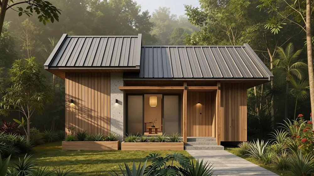 a small cabin with a metal roof and windows