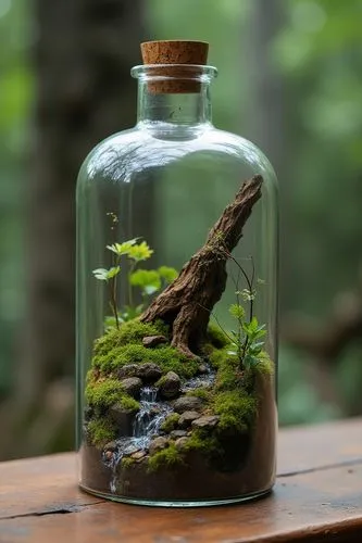 A 3:4 cylindrical open acrylic bottle sits on a desk, containing a small ecological landscape. Inside the bottle, a piece of decayed wood lies diagonally, surrounded by moss, vegetation, rocks, and a 