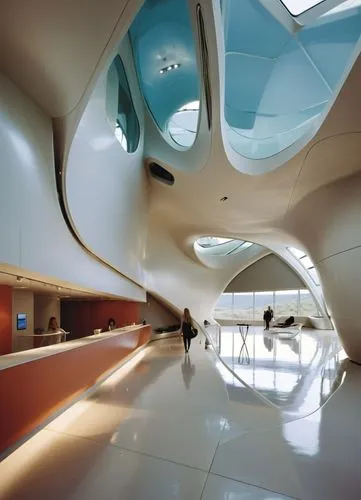 interior of a museum by Zaha Hadid, award winning design,  highly detailed,a large room with various colorful walls,futuristic art museum,futuristic architecture,spaceship interior,hall of nations,sky