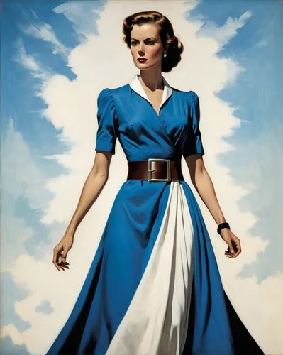 An enigmatic digital illustration: A woman with a vibrant blue dress, adorned in a black belt, and a white collar stands tall. Her gaze, directed sideways, adds mystery; her brown hair adds a splash o