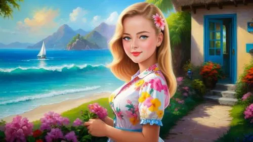 Romantic masterpiece oil painting, cute girl portrait, nostalgic 1950's style kitsch, vibrant seaside cottage landscape, lush tropical paradise, summer beach scenery, by Thomas Kinkade, by Bob Ross,wo