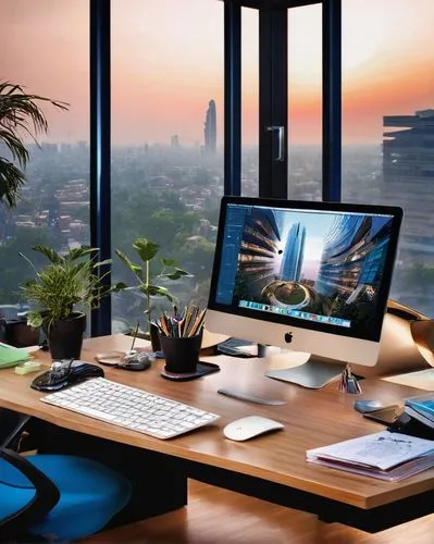 Modern 3D architecture design office, Delhi cityscape, glass facade building, urban landscape, busy streets, morning light, minimalist interior, wooden desk, ergonomic chair, Apple iMac, Wacom tablet,
