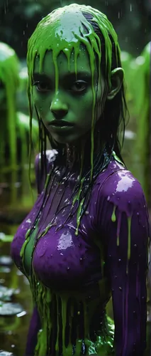 (Slime girl), goopy, (cute monster girl), ((realistic)), in a goopy swamp, green or purple, translucent, innocent, cinematic shot, dynamic lighting, 75mm, Technicolor, Panavision, cinemascope, sharp f