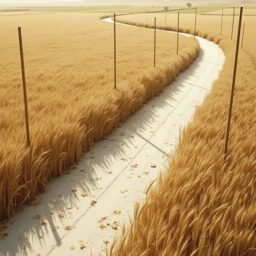 A close of the following is seen closely from above. The wasteland is made with light brown, freshly cut wheat stalks. Two thick poles stand vertically above each other slightly away and from the cent