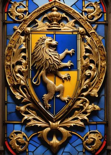 Free-style coat of arms, medieval knight, gold and blue colors, lion and eagle emblems, ornate borders, intricate details, velvet fabric, golden threads, regal atmosphere, majestic background, gothic 