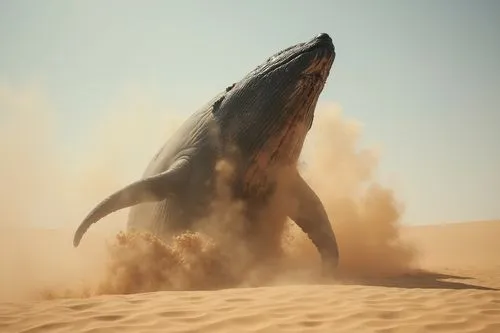 15082230 20 The underside of a whale breaching from the desert, low angle, with a cinematic explosion of sand and dust creating an epic backdrop
,humpback whale in the desert