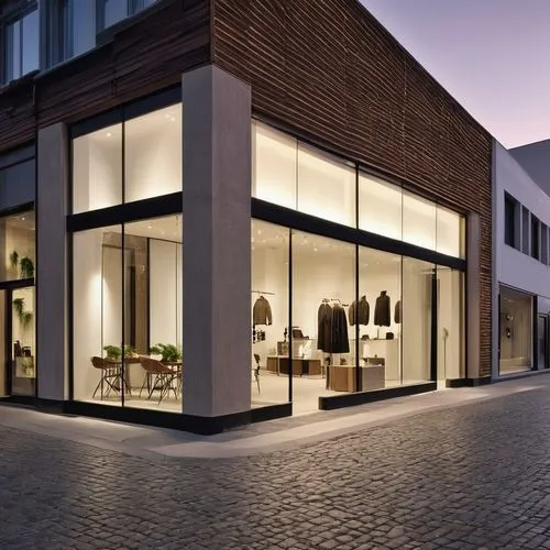 minimalist store exterior, at dusk, the architecture should feature clean lines with a sophisticated monochromatic, integrating elements of modernism and minimalism, display window, indoor wall warm g