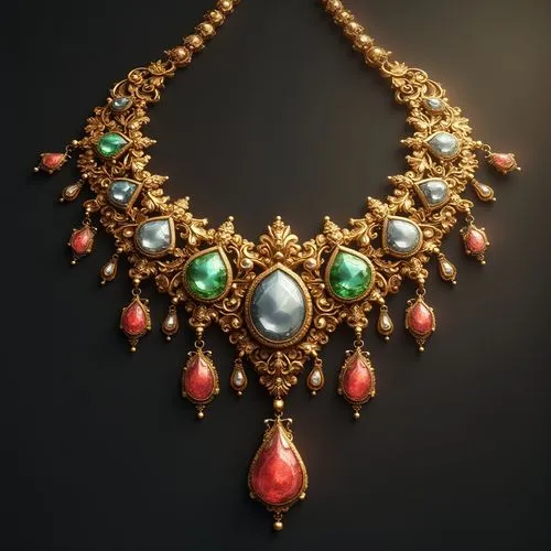 concept art of an ornate gold necklace. It is large on the chest dangling about halfway down, and has 5 large gemstones


,a necklace that is wearing a chain with a bunch of beads,kundan,jewellry,gold