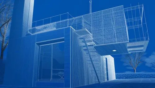 an abstract painting of an architectural structure with spiral stairs,mirror house,cubic house,cube stilt houses,water stairs,structure artistic,blue doors,steel stairs,frame house,blue room,blue pain