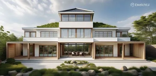 a modern house that is next to some trees,prefab,prefabricated,prefabs,prenuptial,residential property,crown render