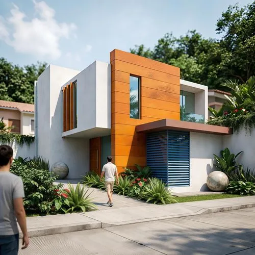 Transform the drawing into a scene that feels like a mid-class residential neighborhood in Fortín de las Flores, Veracruz, with its architectural components and elements preserved exactly as drawn. Ca