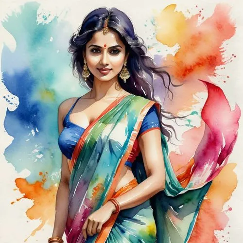 A beautiful 26 year old woman in a flowing, colorful sari. Low cut. Flirty.
,a young woman in a colorful saree painted in watercolors,sarees,sari,winget,saree,chitrangada,madhoo,sonam,paithani saree,k