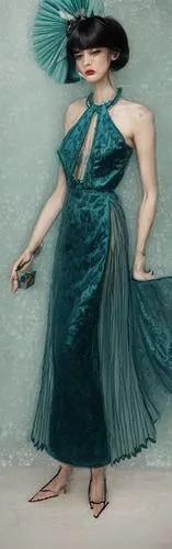 dark teal halter neck qipao gown with floral embroidery,girl in a long dress,woman walking,art deco woman,flamenco,image manipulation,photomanipulation,woman pointing,fashion illustration,photoshop ma