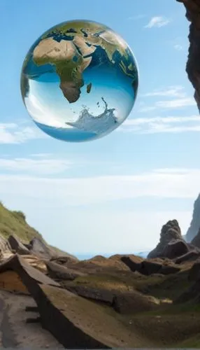 a view from below of the earth, in between a rock cliff and the ocean,terraformed,earth in focus,terraforming,globecast,the earth,earthward