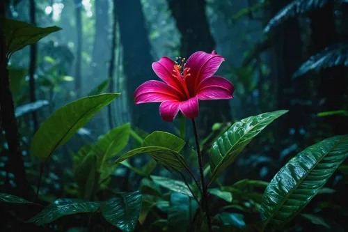 Create a mysterious short story featuring a rare Cuba flower with magical powers hidden deep in a rainforest.,forest flower,swamp hibiscus,cuba flower,hawaiian hibiscus,tropical bloom,tropical flowers