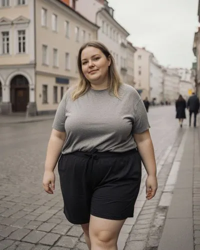 eine 23 jährige durchnittliche übergewichtige Estin in landestypischer Freizeitkleidung in einer mittelgroßen stadt in Estland. komplett angezogen,the woman is standing in front of buildings,body posi