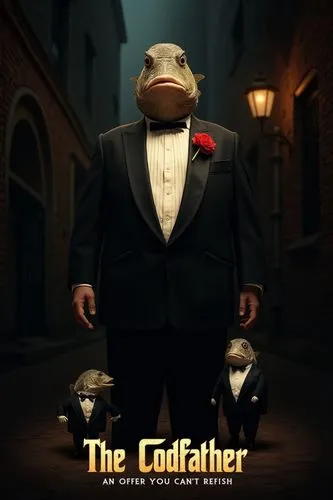 In the center of the poster stands a large codfish, about the size of a person, dressed in a sharp black tuxedo. A bright red carnation is pinned to its lapel. Its fish eyes seem steady, as if it’s lo
