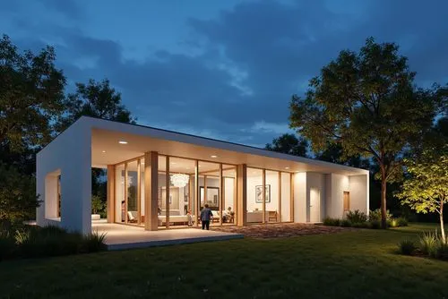 A photo-realistic rendering of a modern, minimalist house at night. the house is a two-story structure with a flat roof and large glass walls that allow natural light to filter through, creating a bri