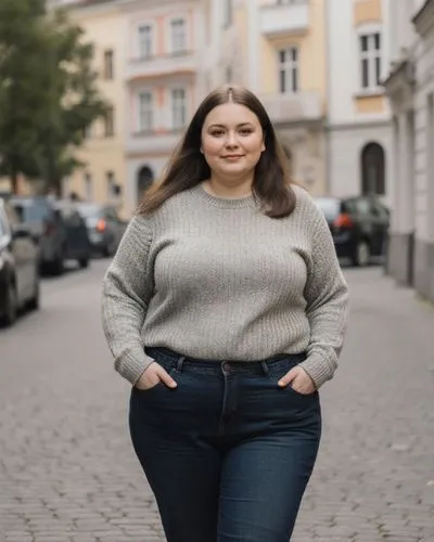 eine 23 jährige hübsche übergewichtige LETTIN in landestypischer Freizeitkleidung in einer mittelgroßen stadt in Lettland. komplett angezogen,a large woman standing on the street, smiling,female model