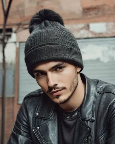 model man, swap face, soft smile, beanie black hat, black leather jacket
,a man wearing a black jacket and a grey hat,beanie,loam,bobble cap,tracers,leather hat,men hat,peaky,brown hat,stubble,facial 
