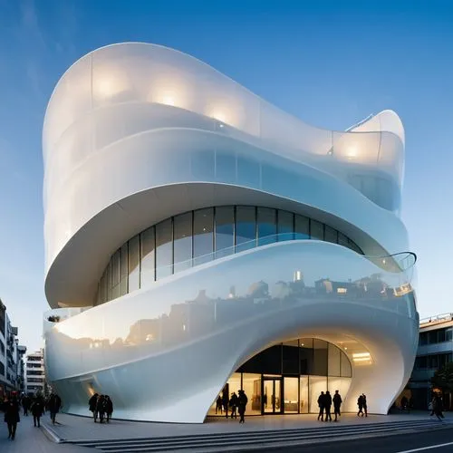 RAW photo, (avant garde building from outside), frontal elevation, curvilinear, white sky, (diffused light:1) (translucent white glass), super reflective metal, biomorphic style, by Kengo Kuma, fog, (