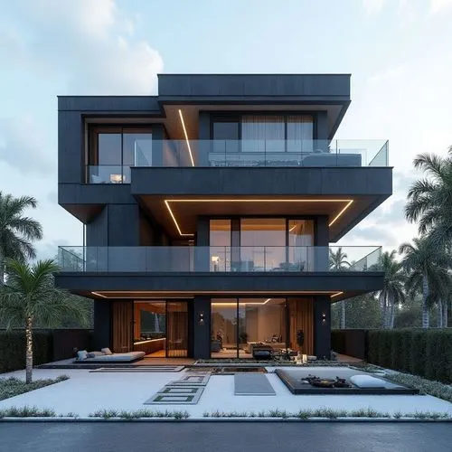 A contemporary, multi-story luxury residence showcasing a bold, geometric composition of stacked rectangular volumes in deep charcoal and slate hues. The façade features sleek glass railings, spacious