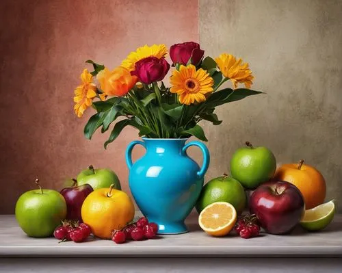натюрморт  в цветовой гамме #9B5D34, #DBBFAA, #F3BF92, #D1D0CB, #A2988F,an image of a blue vase with flowers and apples,still life photography,autumn still life,summer still-life,fruit bowl,still life