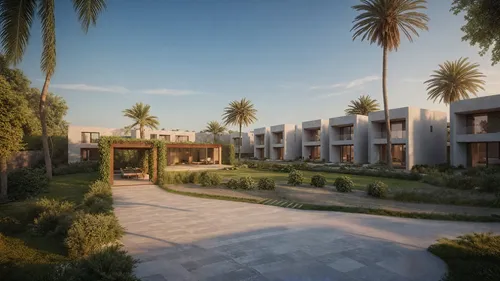 the modern residential houses have palm trees around,residential property,new housing development,prefabricated buildings