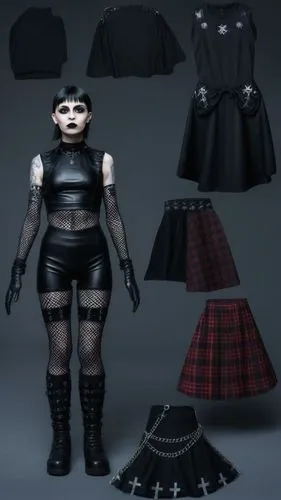 Goth Paper doll futuristic cyberpunk emp punk goth girl in black sleeveless shirt , black spandex shorts, complete full length fishnet and black goth knee Boots, standing surrounded by with a set of g