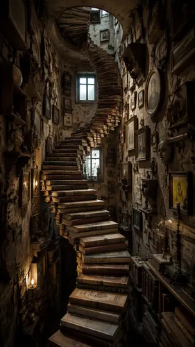 a narrow and high stairway that tourne en rond jusqu'à l'autre étage, the stairs are made out of books, on the walls of the room are a bunch of heteroclit objects, old apartment, small windows
,the st