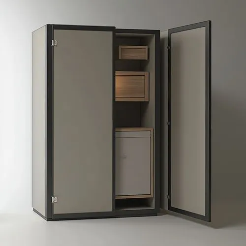 Furniture Design,an empty room with a large open cabinet,storage cabinet,armoire,dumbwaiter,humidor,metal cabinet,minibar