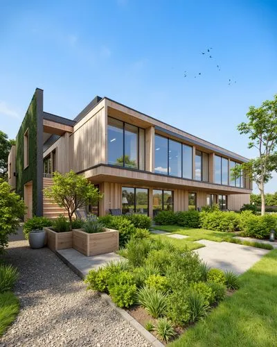 A photo-realistic rendering of a modern, minimalist house with a contemporary design. the house is a two-story building with a rectangular shape and a flat roof, featuring large glass windows that all