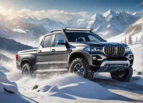 Create a scene with a BMW pickup truck driving through a snowy landscape.,bmw x3,bmw x5,bmw x1,bmw x5 (e53),compact sport utility vehicle,bmw x6,mercedes-benz gls,all-terrain,suv,six-wheel drive,bmw c