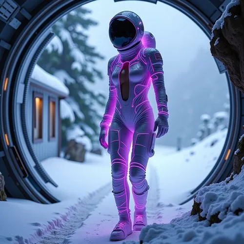 A stunning futuristic depiction of a female astronaut aboard a state-of-the-art spacecraft, wearing a sleek, form-fitting, partially open neon purple holographic spacesuit. this suit is designed with 