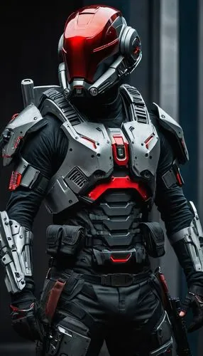 cyber cyborg operative with an intimidating tactical red helmet visor pilot style and grey tactical body armour,war machine,shepard,enforcer,spartan,nova,armored,core shadow eclipse,infiltrator,knight